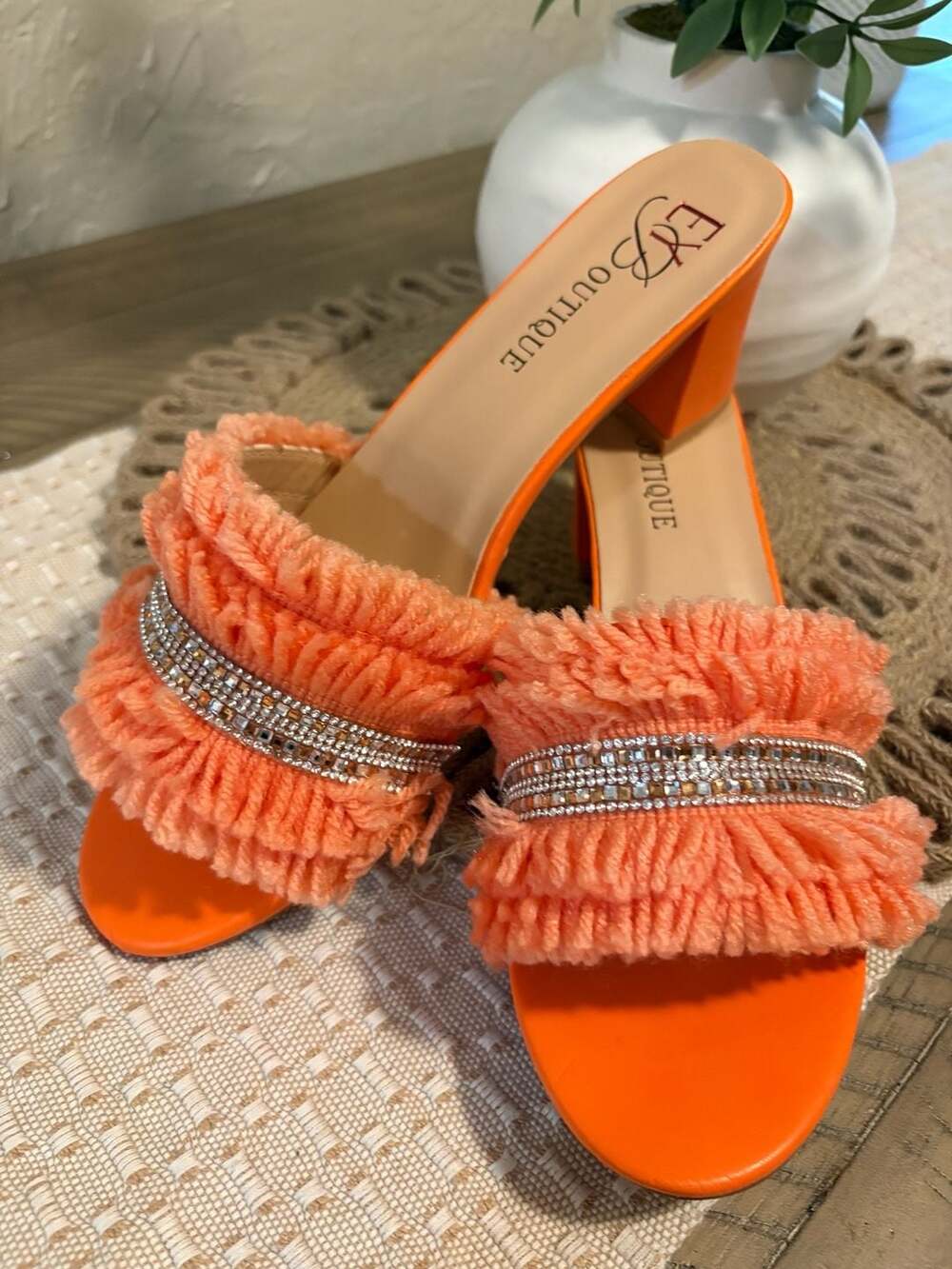 EXBoutique Orange Block Heel Mules With Rhinestones